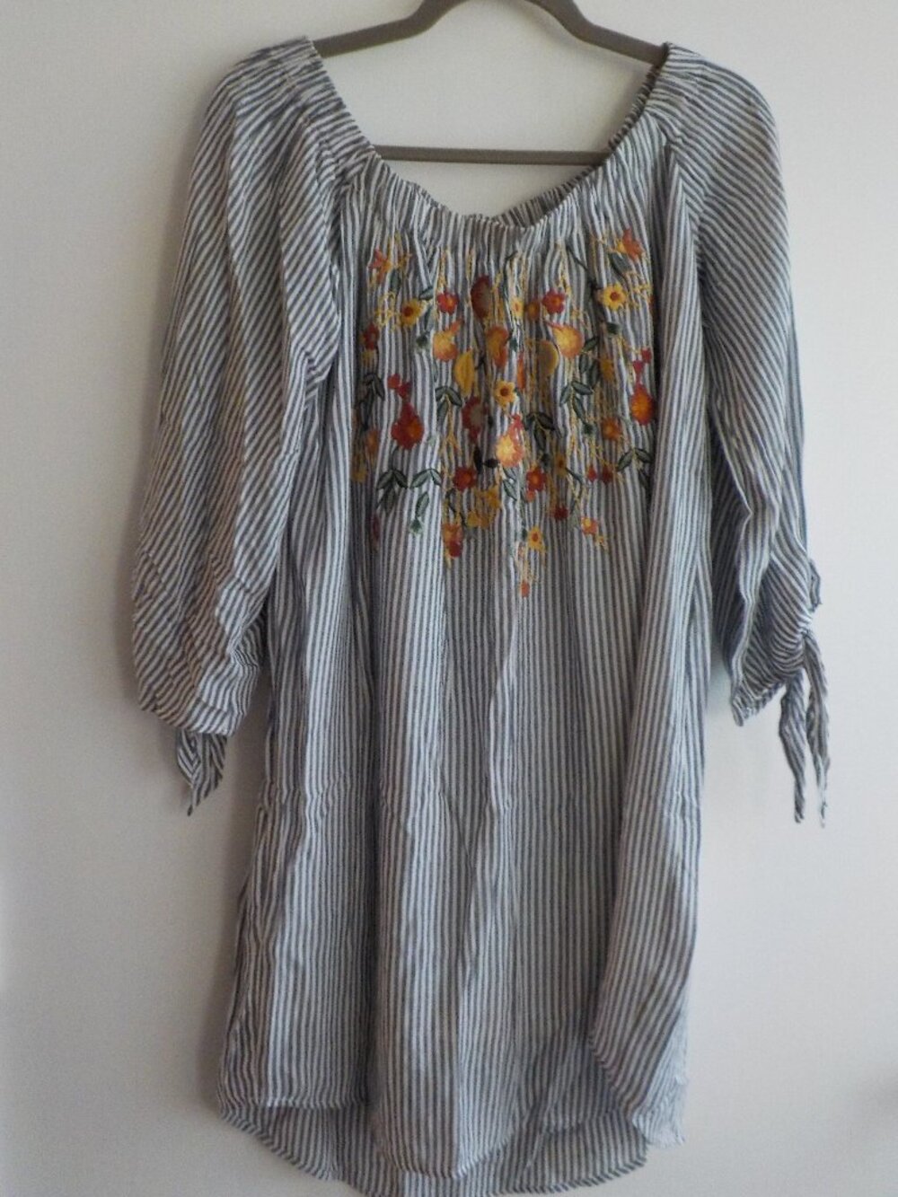 Blue Rain Dress - Small - Black/White Stripe OFF Shoulder - Embroidered (2269)